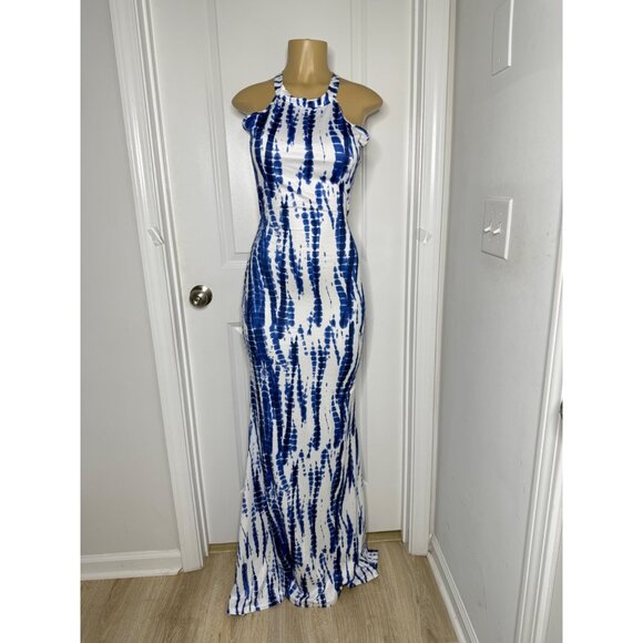 Blue & White Tie-Dye Maxi Dress Halter Neck Cutout Back Sleeveless Stretchy Medi - Picture 1 of 4